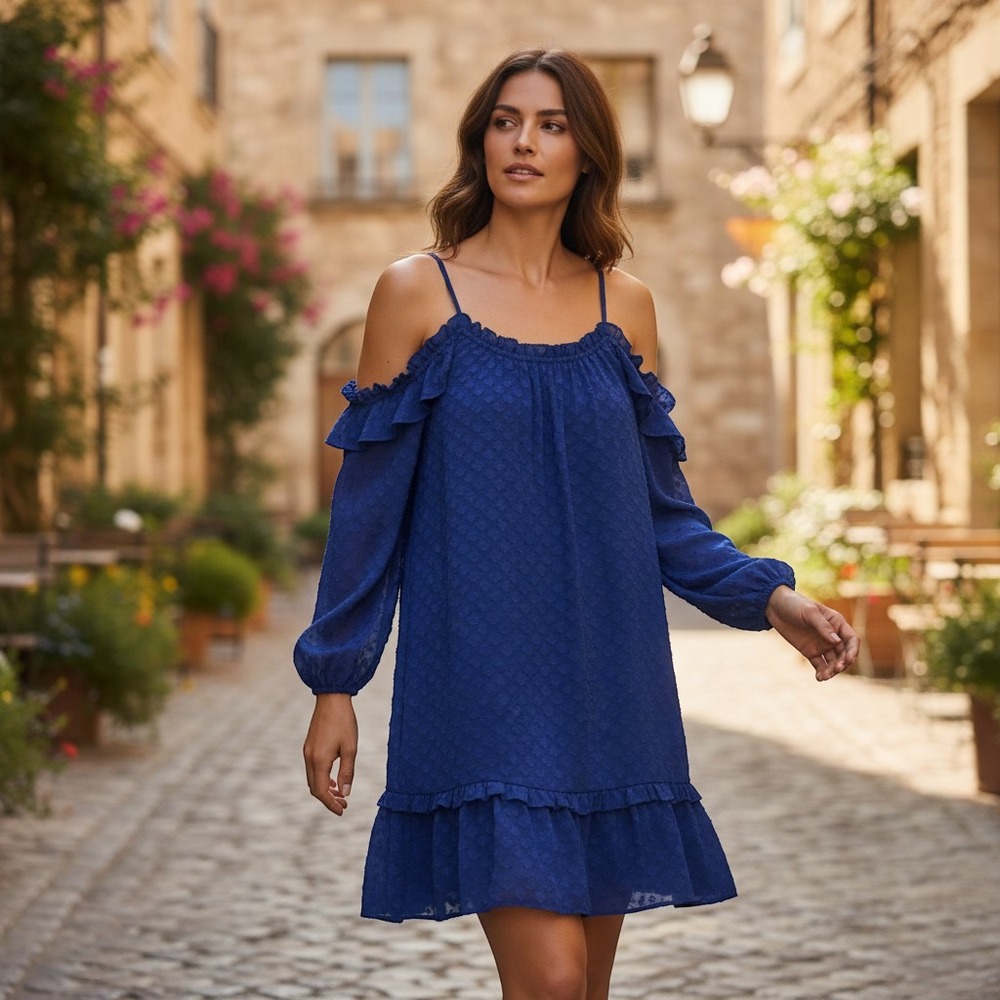 Kaari Blue Cobalt Patterned Open Shoulder Mini Dress Size M Party Date Night